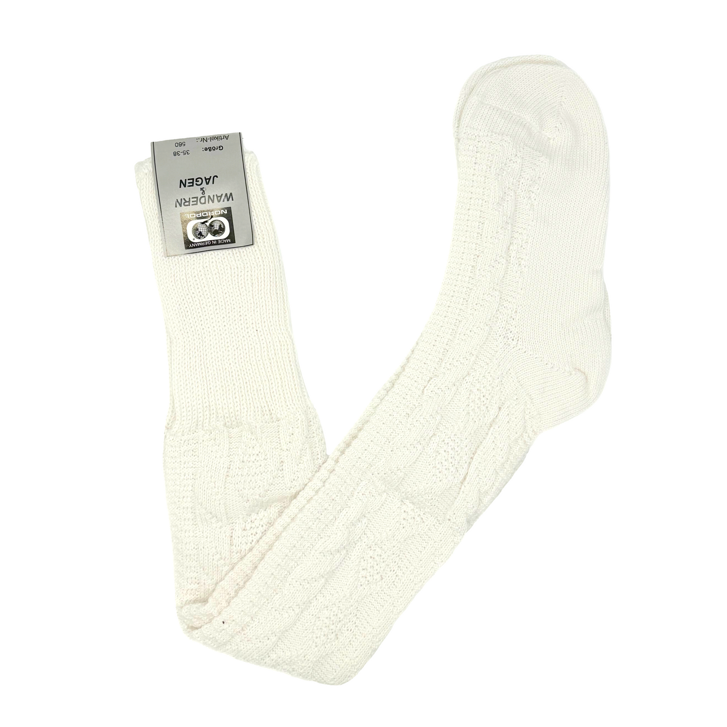 Damen und Herren Trachtenstrümpfe Wanderstrümpfe Wandersocken Kniestrümpfe mit edlem Strickmuster Zopfmuster kniehoch (weiß)